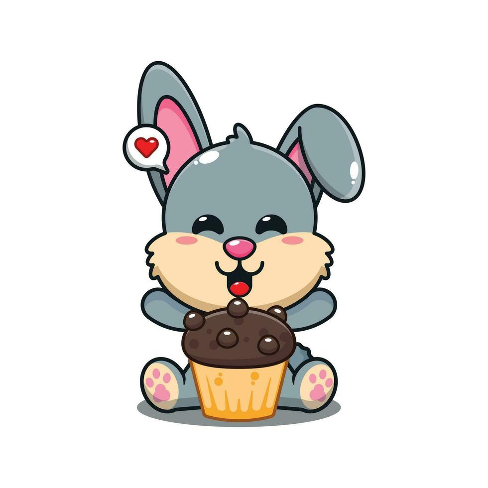 schattig konijn met kop taart tekenfilm vector illustratie.