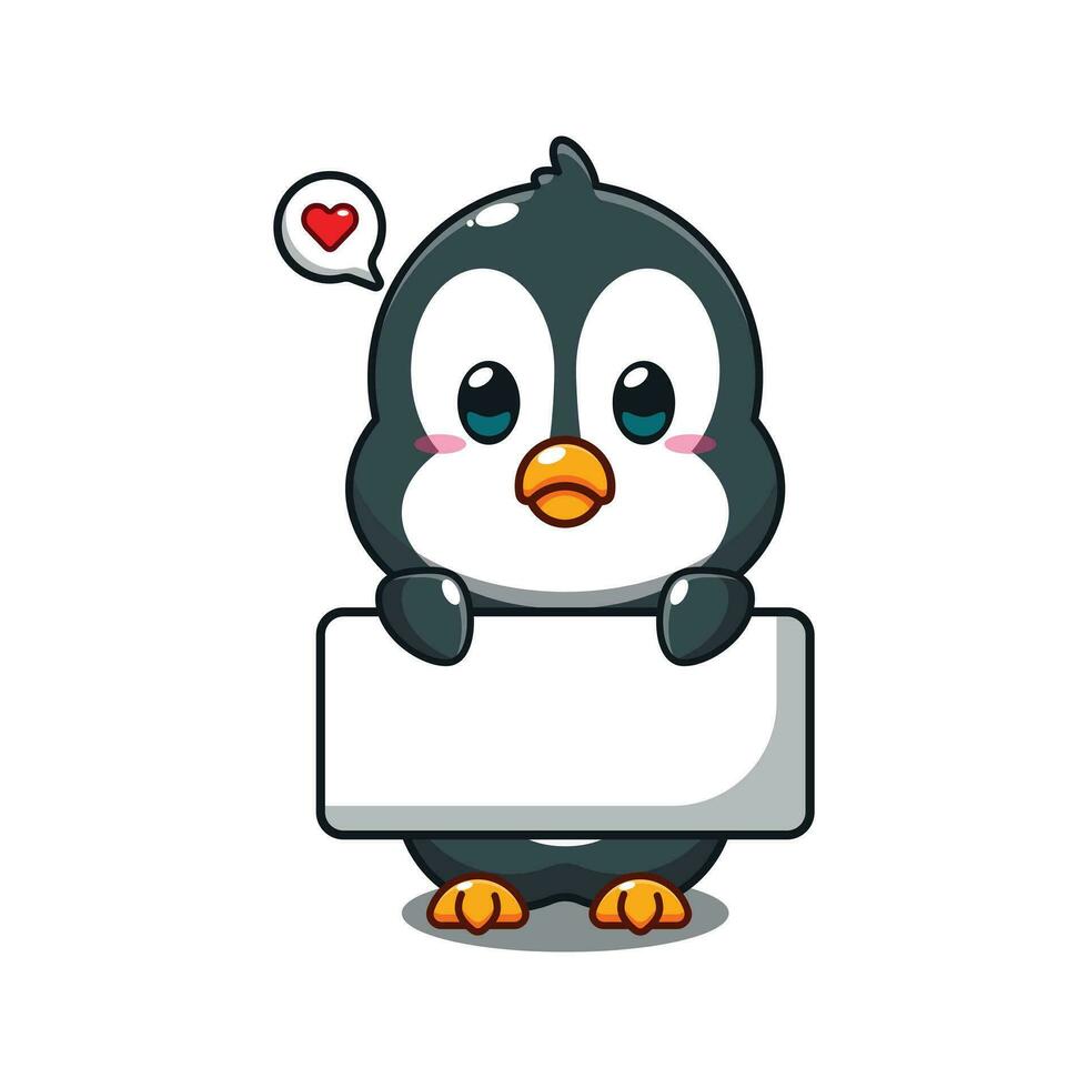schattig pinguïn Holding groet banier tekenfilm vector illustratie.
