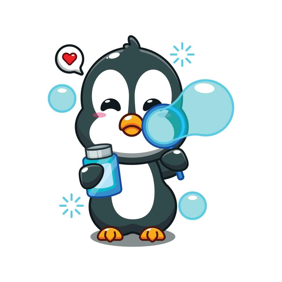 schattig pinguïn blazen bubbels tekenfilm vector illustratie.