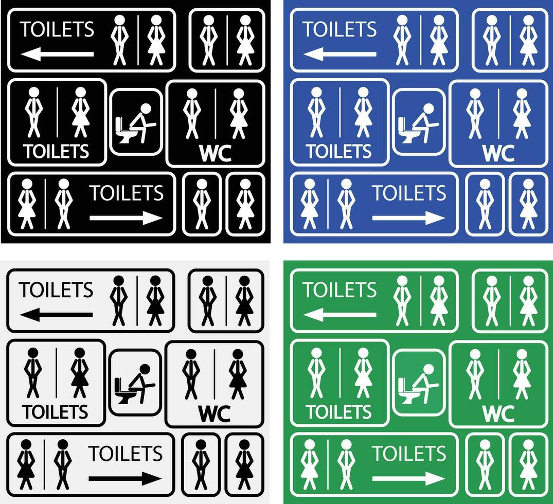 grappig toilet tekens vector. toilet bewegwijzering in stickman stijl. toilet pictogrammen in grappig stok figuur stijl. wc symbolen. vector