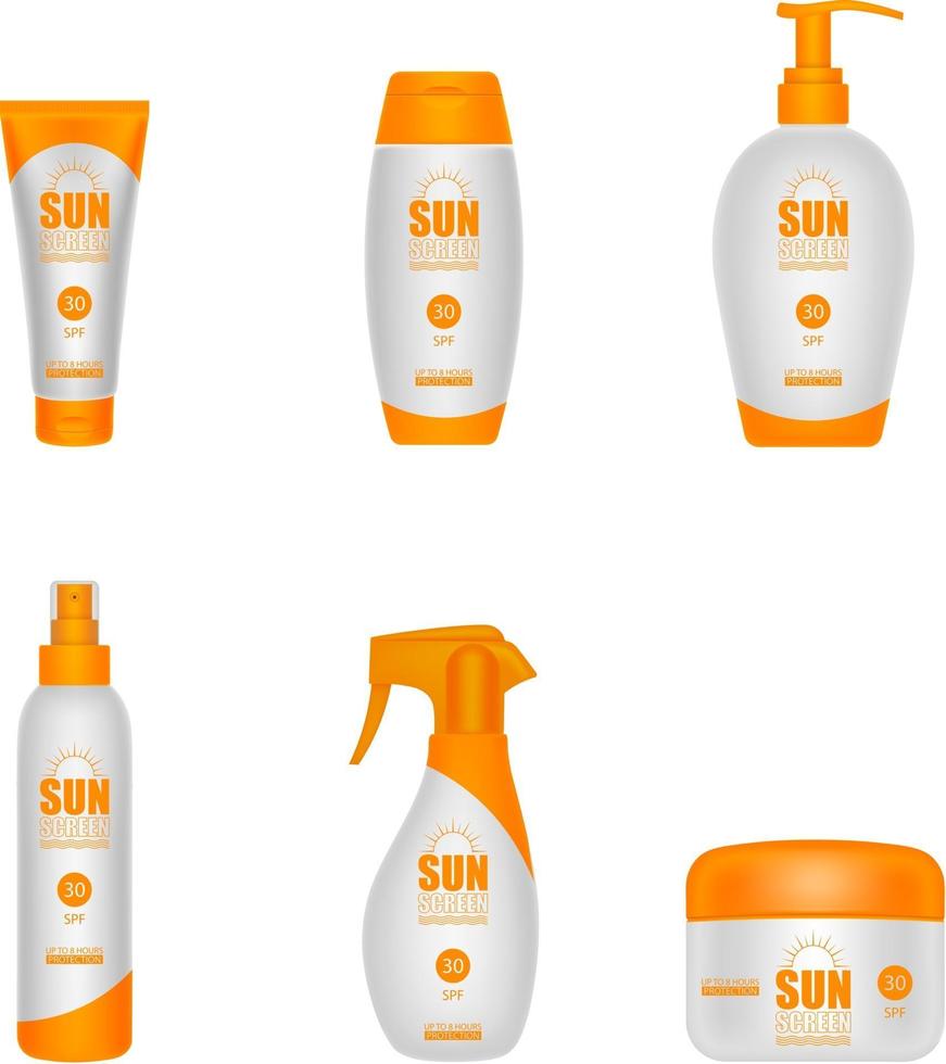 set van verschillende flessen zonnebrandcrème vector