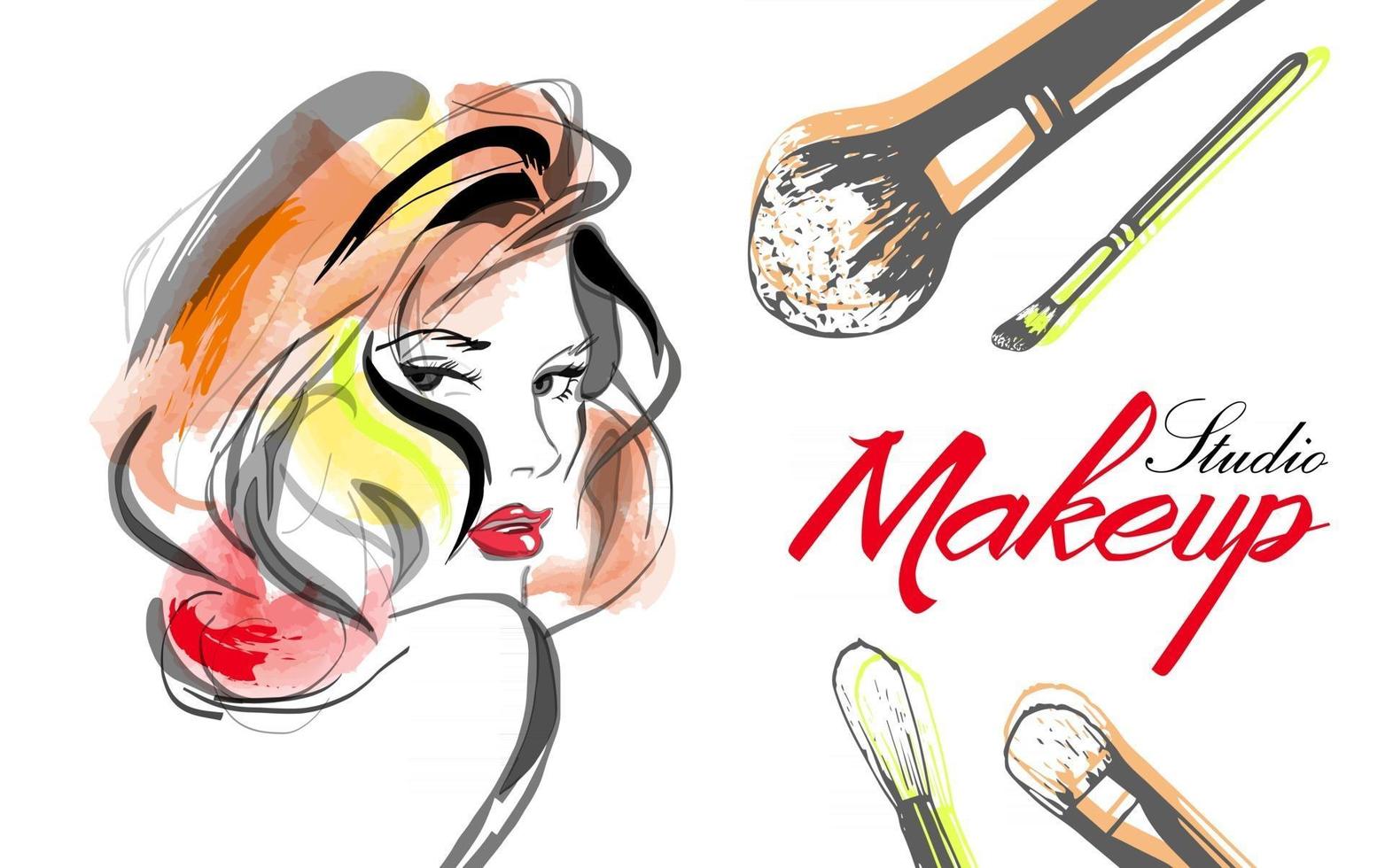 vector hand getekende illustratie met vrouw en make-up borstels concept voor schoonheidssalon cosmetica label cosmetologie procedures gezicht en make-up