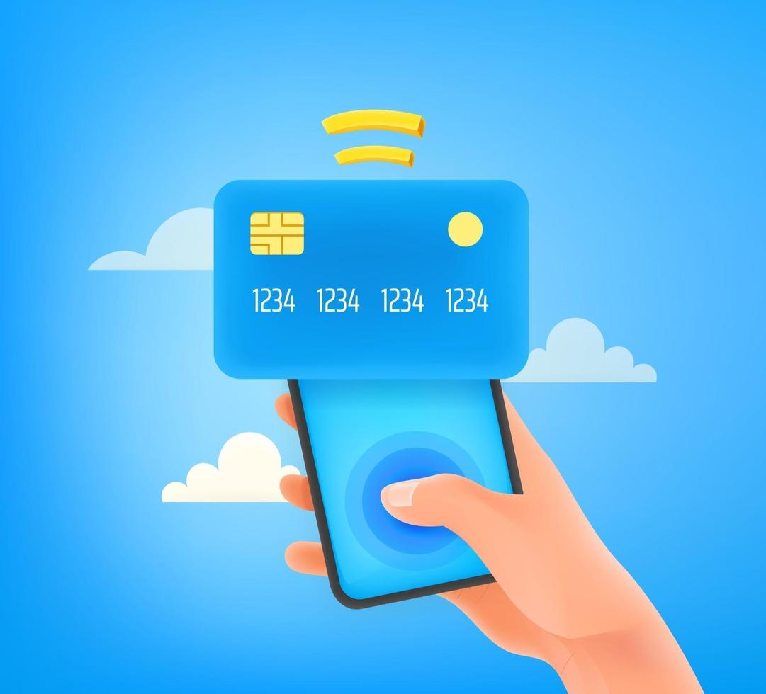 man met creditcard voor betaling via smartphone vector