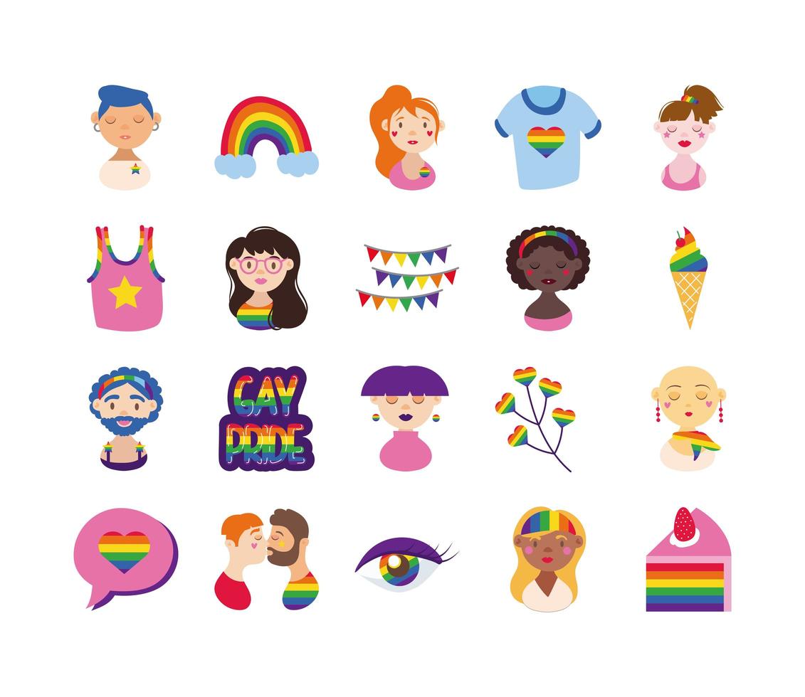 bundel van gay pride-pictogrammen en mensenhandtekeningstijl vector