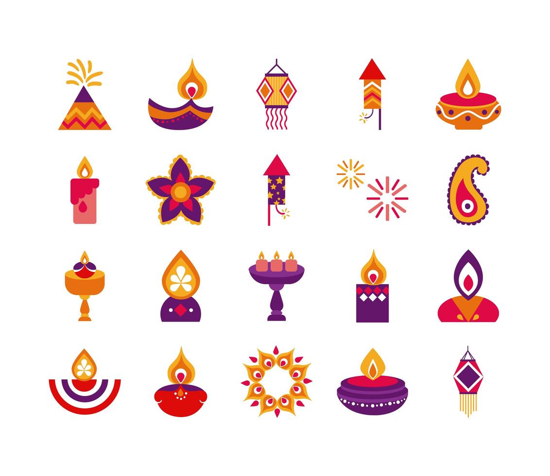 bundel van twintig diwali set vlakke stijliconen vector