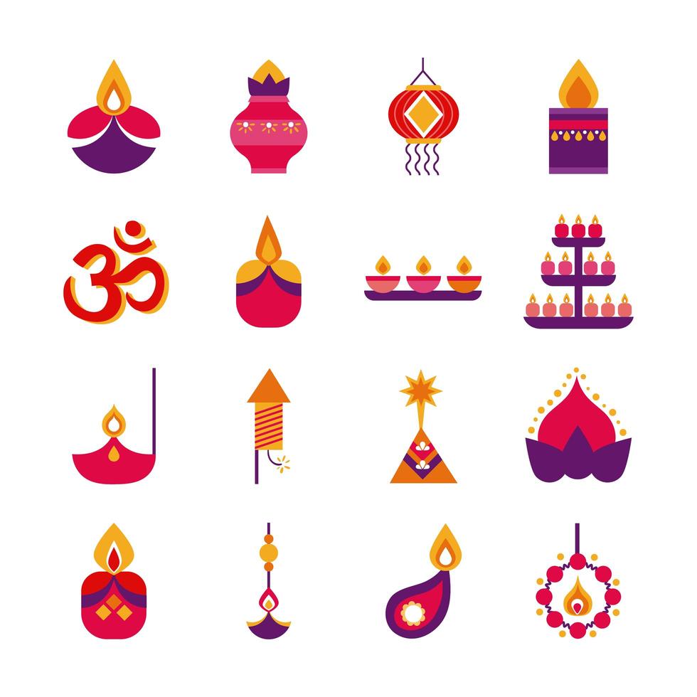 bundel van zestien diwali set vlakke stijl vector