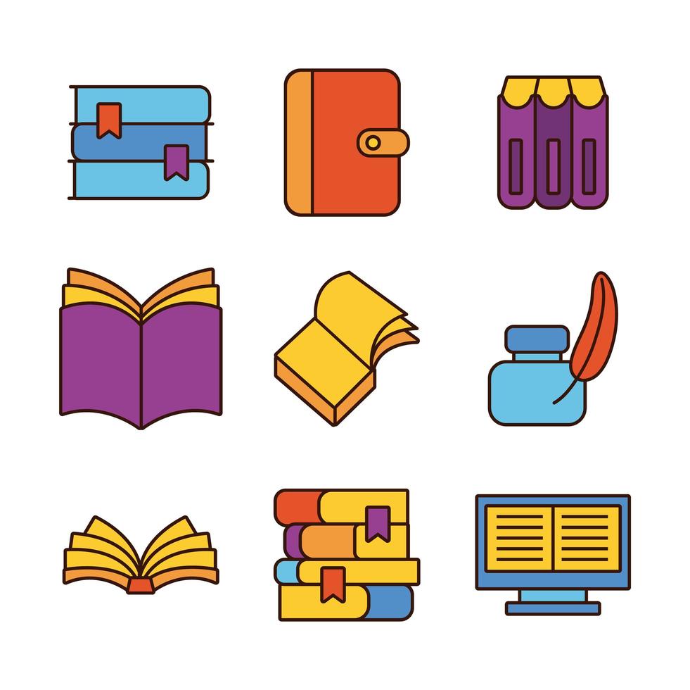 bundel van negen boeken literatuur set iconen vector