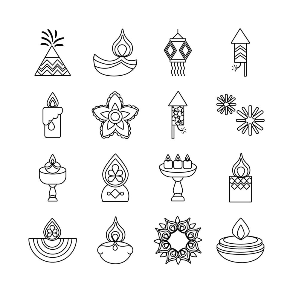 bundel van zestien diwali set lijnstijl iconen vector