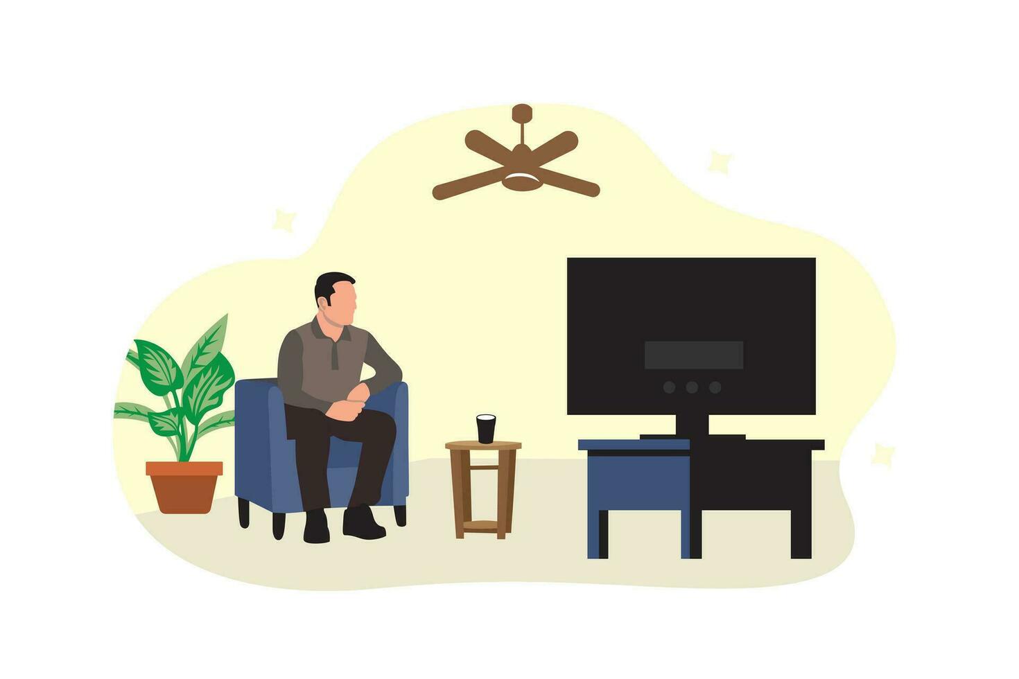 Mens zittend Bij huis en aan het kijken TV. vlak stijl vector illustratie.