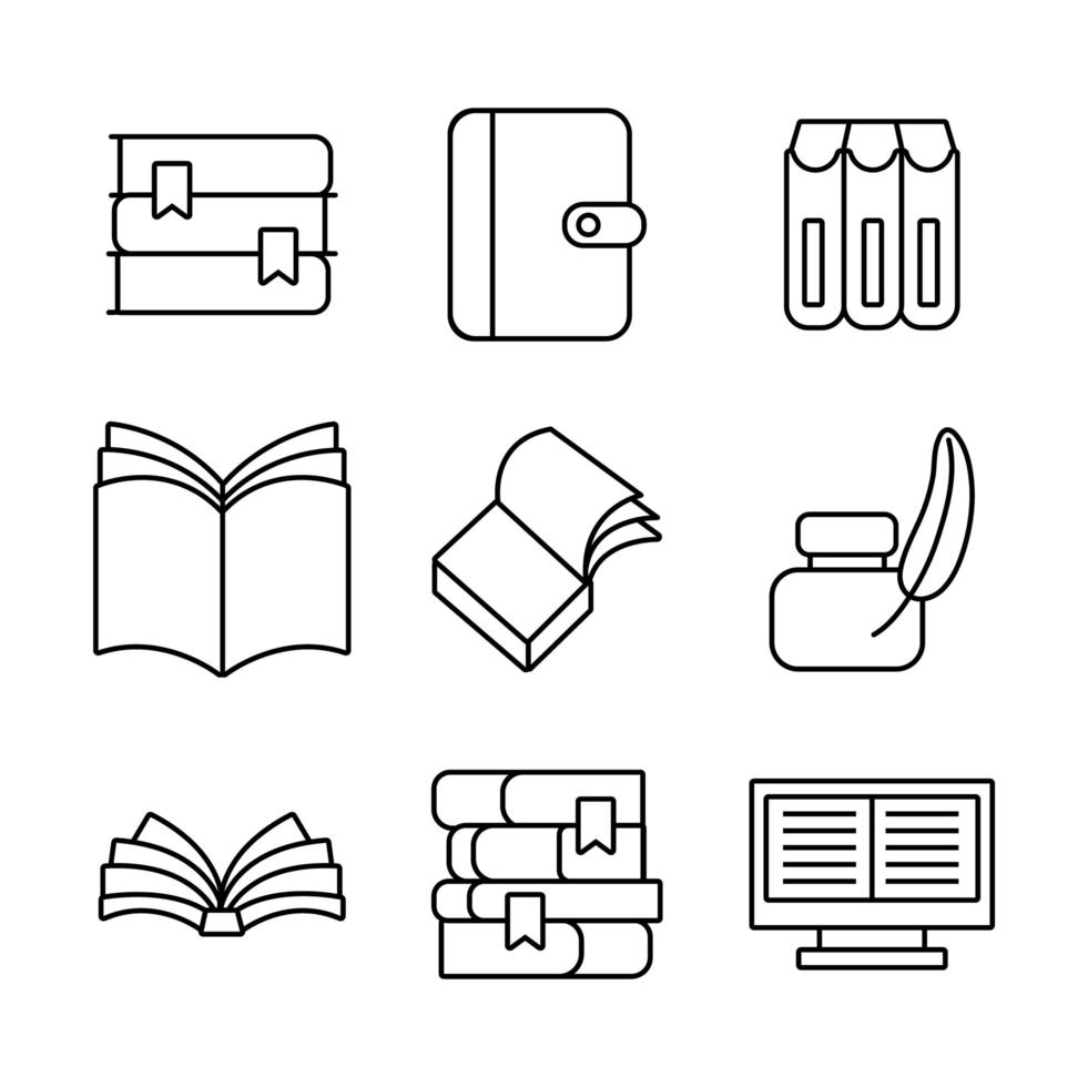 bundel van negen boeken literatuur set iconen vector