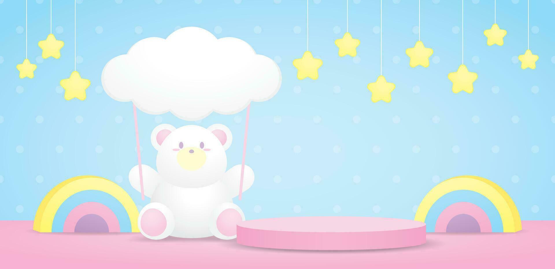 schattig kawaii wit beer is Holding wolk teken met roze Scherm podium en kleurrijk regenboog en hangende sterren 3d illustratie vector voor zetten voorwerp