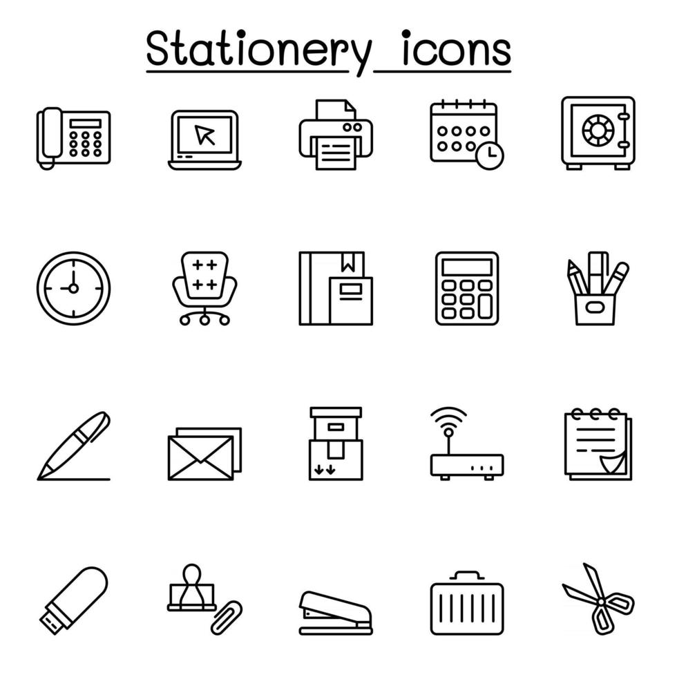 kantoorbenodigdheden pictogrammenset in dunne lijnstijl vector