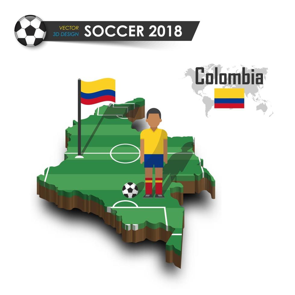 Colombia voetbalelftal voetballer en vlag op 3D-ontwerp land kaart geïsoleerde achtergrond vector voor internationale wereldkampioenschap toernooi 2018 concept