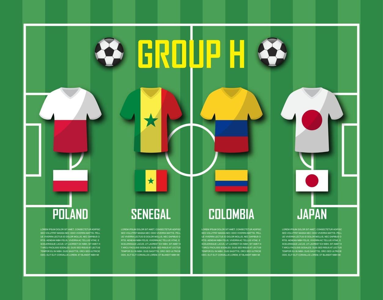 voetbalbeker 2018 teamgroep h voetballers met jersey-uniform en nationale vlaggenvector voor internationaal wereldkampioenschapstoernooi vector