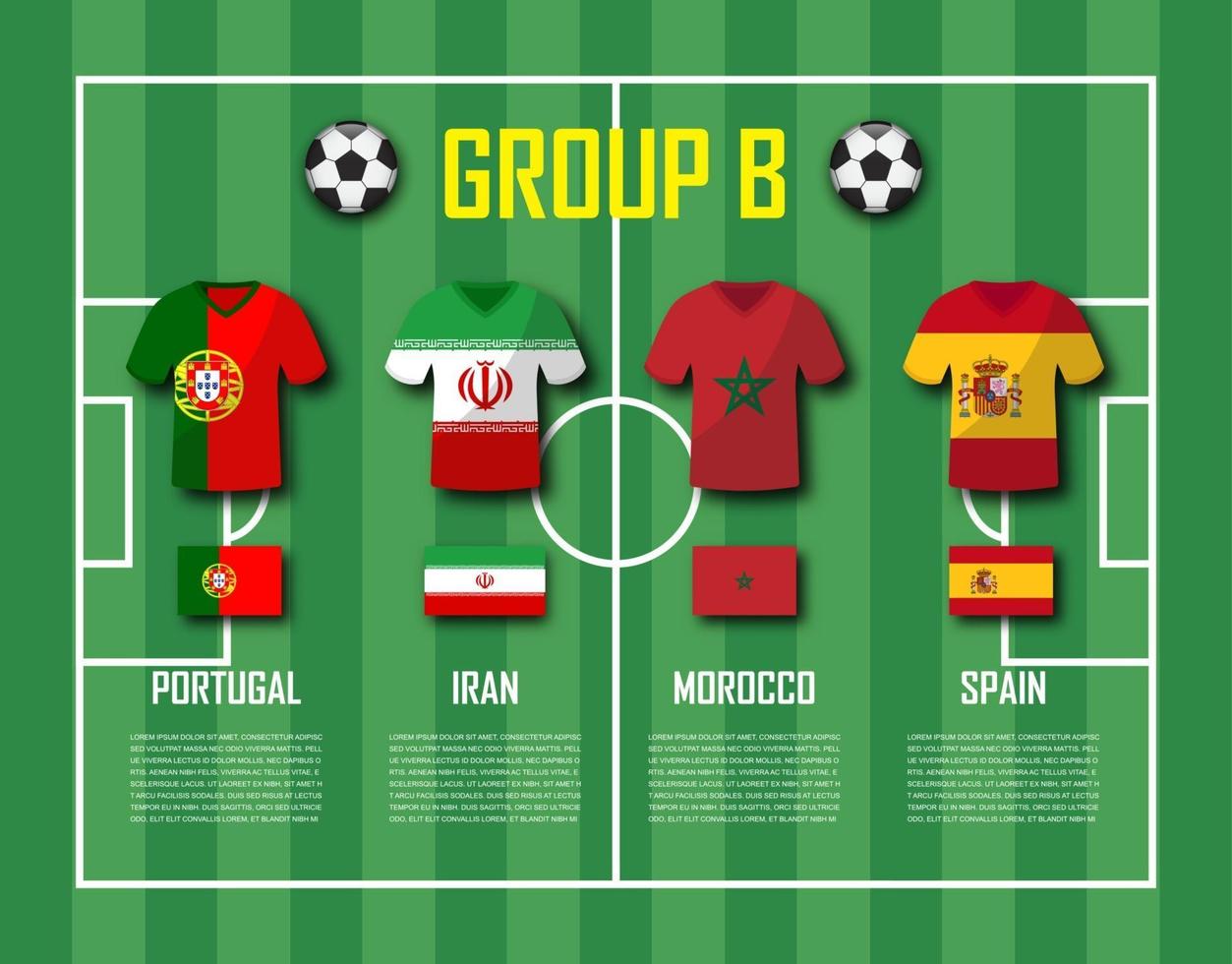 voetbalbeker 2018 teamgroep b voetballers met jersey-uniform en nationale vlaggenvector voor internationaal wereldkampioenschapstoernooi vector