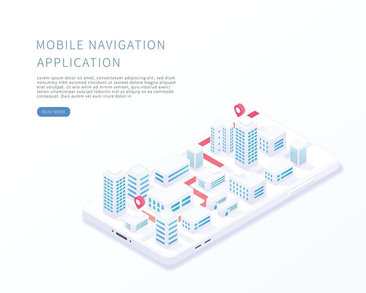 mobiele navigatie-applicatie in isometrische vectorillustratie stad isometrisch plan met gebouwen weg gps-tracking op smartphone kaart op mobiele applicatie vector