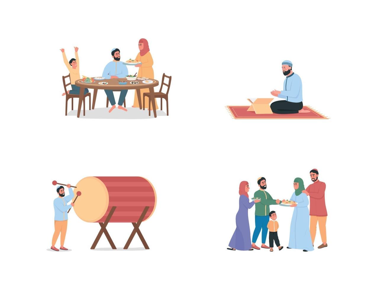gelukkige Arabische mensen op ramadan egale kleur vector gezichtsloos karakter