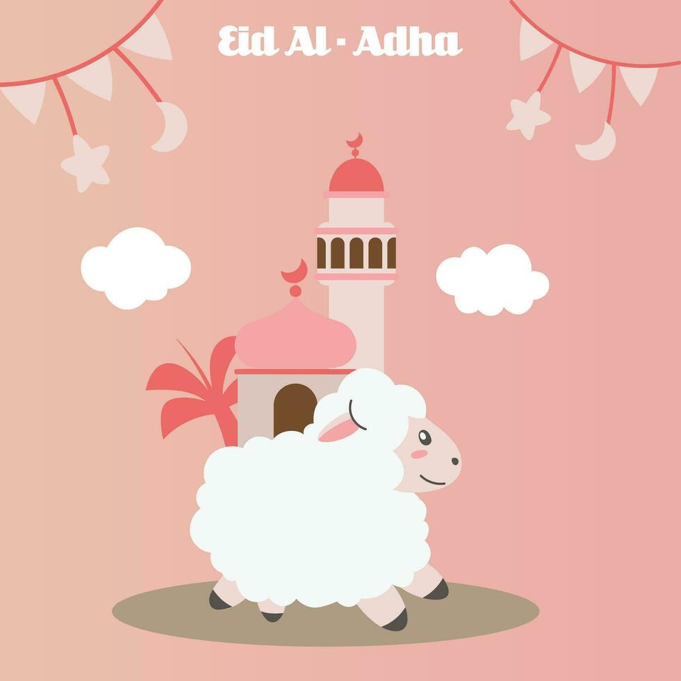 heilig eid al adha mubarak schattig banier tekenfilm tekening. Islamitisch en Arabisch groet folder voor moslim gemeenschap festival grafisch afdrukken vector