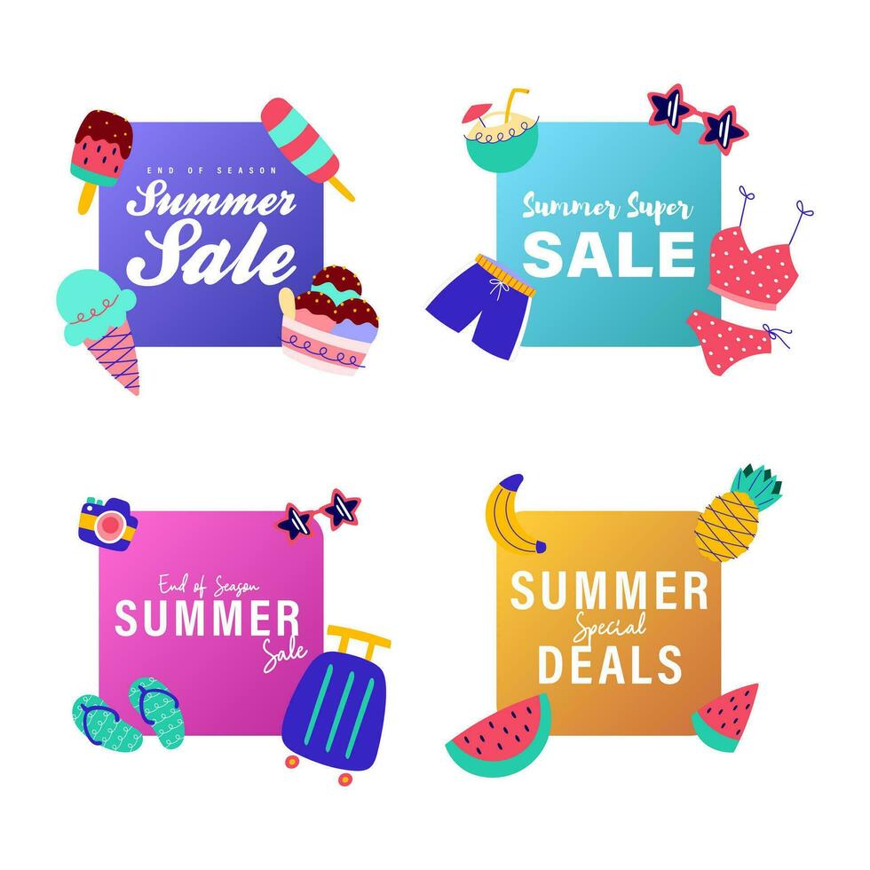 zomer uitverkoop tekens brochure vector. speciaal prijs aanbod coupon voor sociaal media na, Promotie advertentie, boodschappen doen folder, bon, website campagne en reclame vector