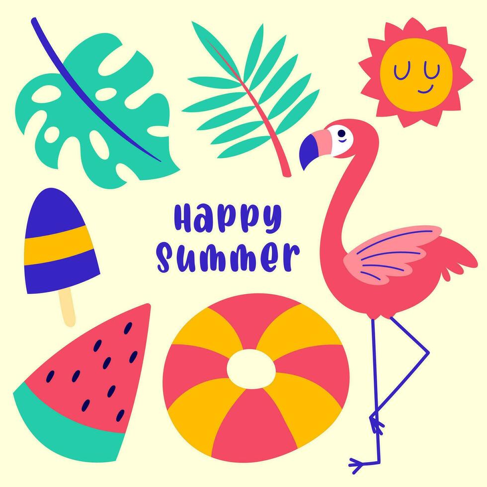 bundel van knal zomertijd schattig sticker. hand- getrokken genieten zomer tekenfilm tekening vector