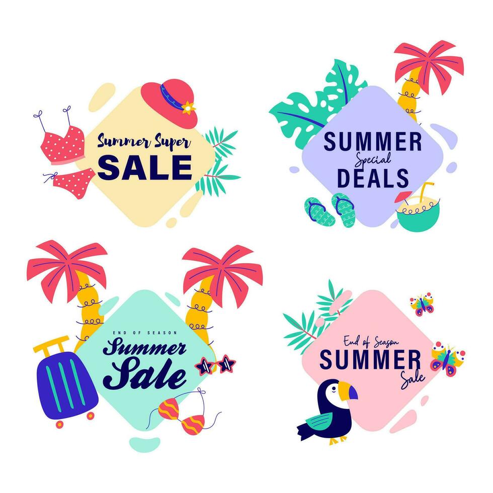 zomer uitverkoop tekens brochure vector. speciaal prijs aanbod coupon voor sociaal media na, Promotie advertentie, boodschappen doen folder, bon, website campagne en reclame vector