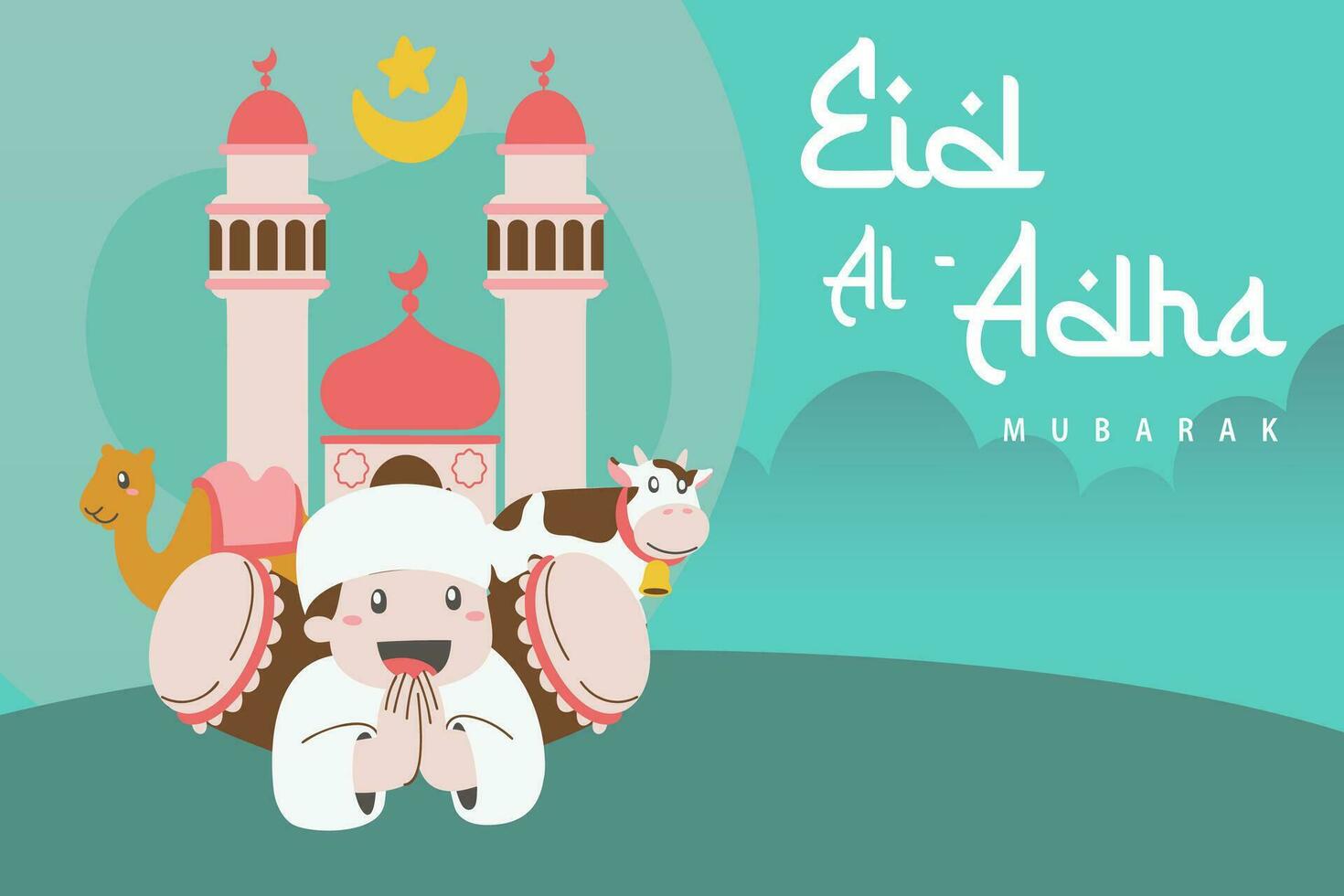 heilig eid al adha mubarak schattig banier tekenfilm tekening. Islamitisch en Arabisch groet folder voor moslim gemeenschap festival grafisch afdrukken vector