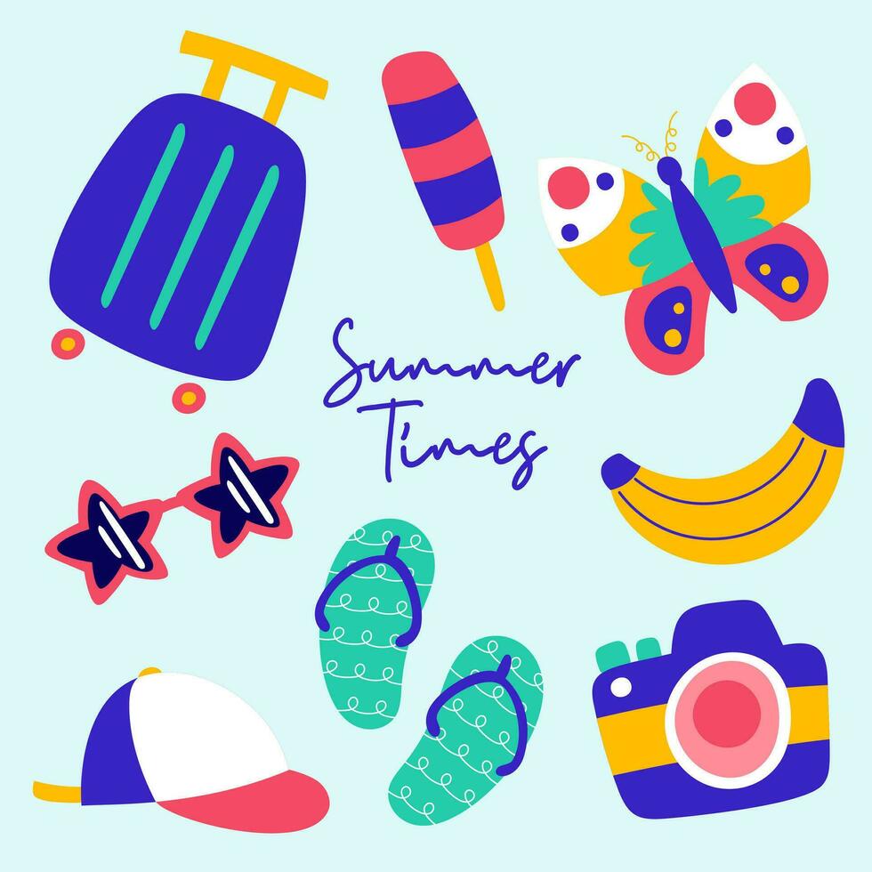 bundel van knal zomertijd schattig sticker. hand- getrokken genieten zomer tekenfilm tekening vector