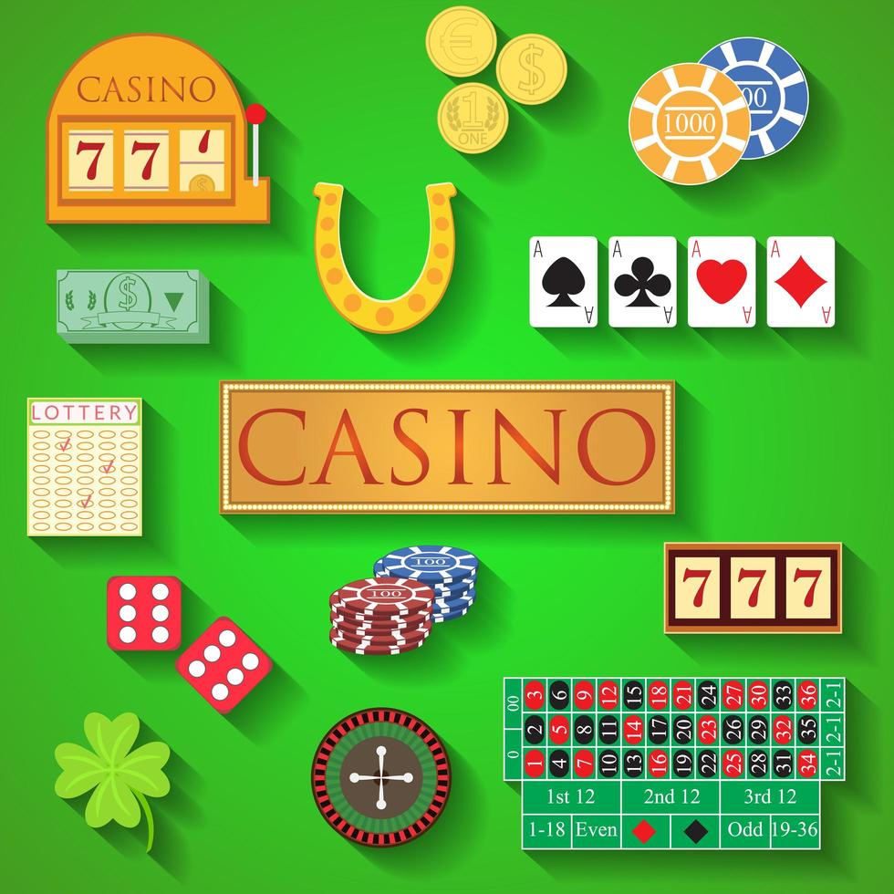 casino elementen platte ontwerp moderne vectorillustratie van casino artikelen, gokfiches, pokerkaarten, roulette, geld, dobbelstenen, aas, munt, contant geld, hoefijzer, bandiet, klaver, loterij pictogrammen met lange schaduw vector