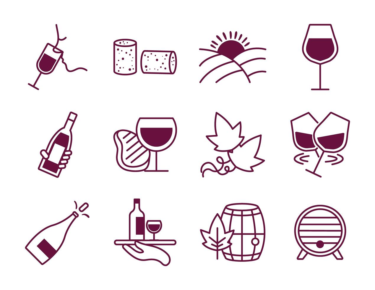 bundel van twaalf wijnsetpictogrammen vector