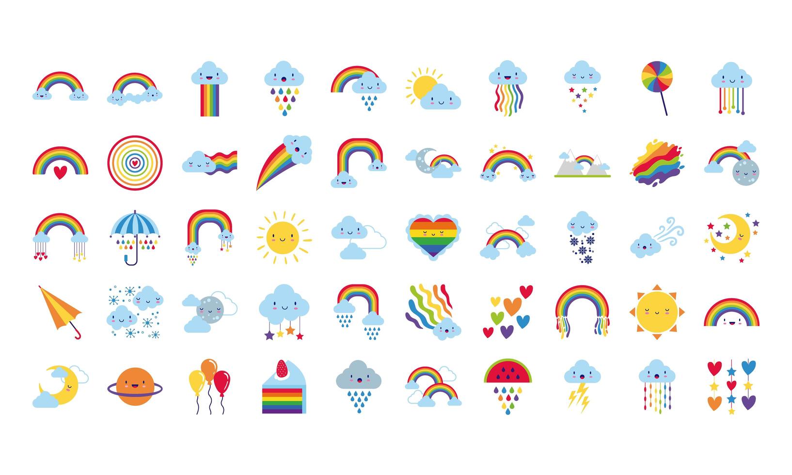 bundel van vijftig pictogrammen met regenbogen en kawaii-personages vector