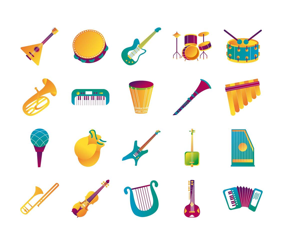 bundel van twintig muziekinstrumenten set pictogrammen vector