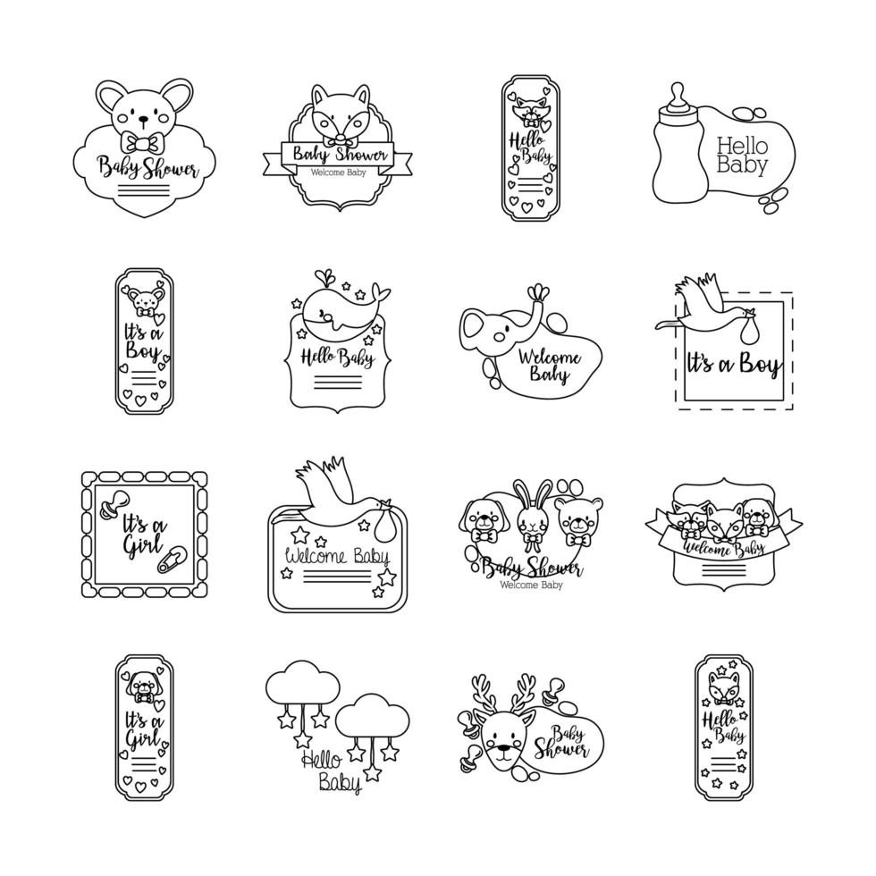 bundel van zestien pictogrammen voor babyshowers vector