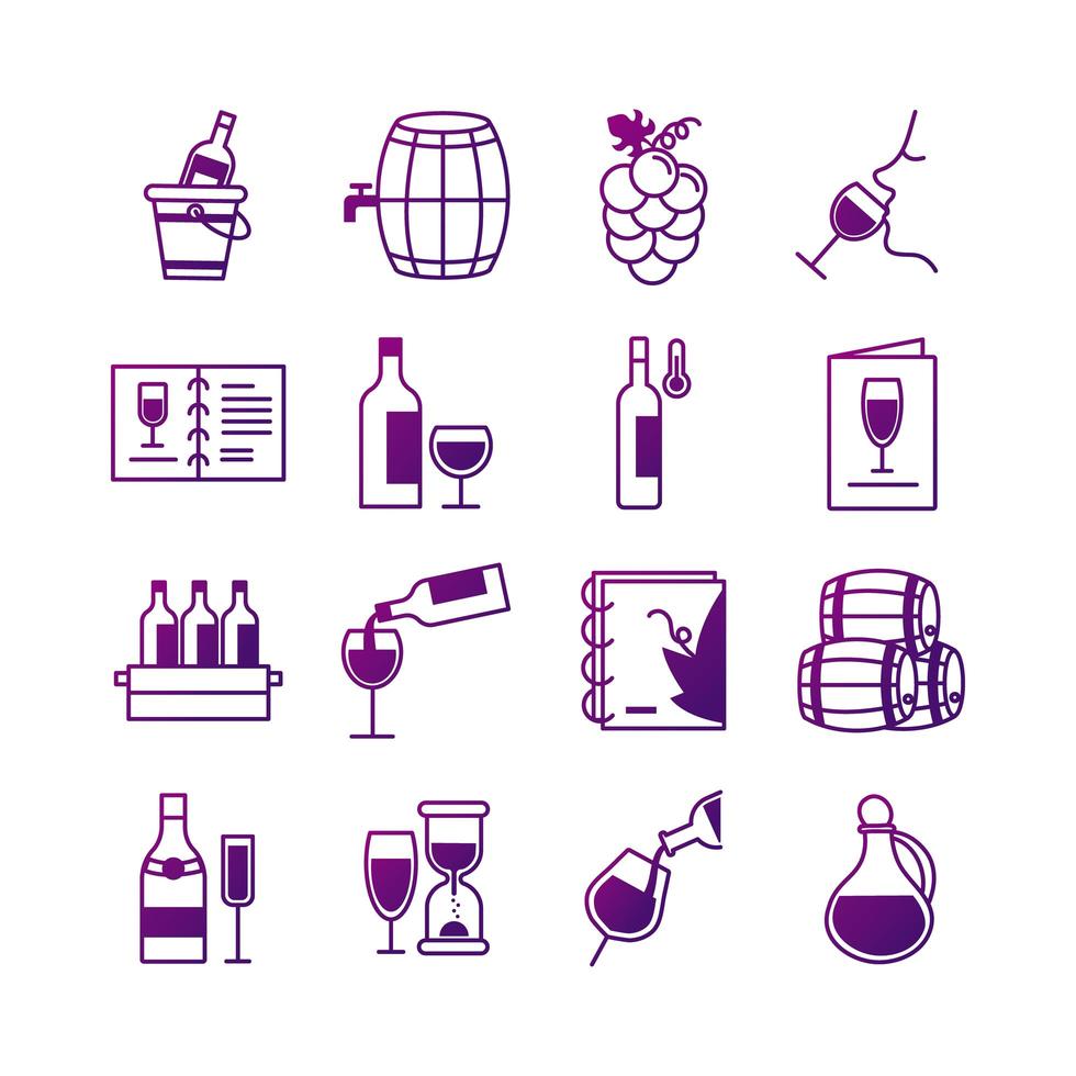 bundel van zestien collectie iconen voor wijnsets vector