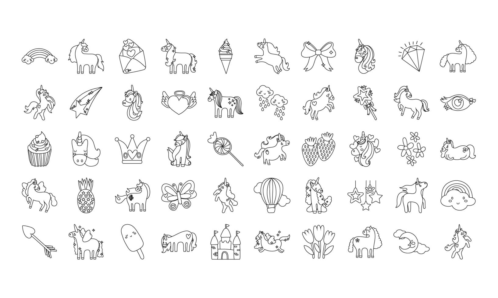 bundel sprookjesachtige eenhoornsetpictogrammen vector