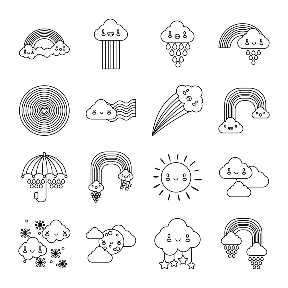 bundel van zestien pictogrammen met regenbogen en kawaii-personages vector