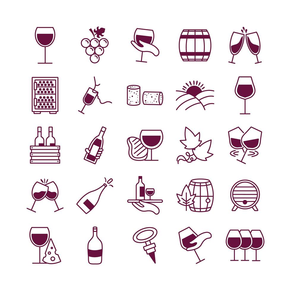 bundel van vijfentwintig wijnsetpictogrammen vector