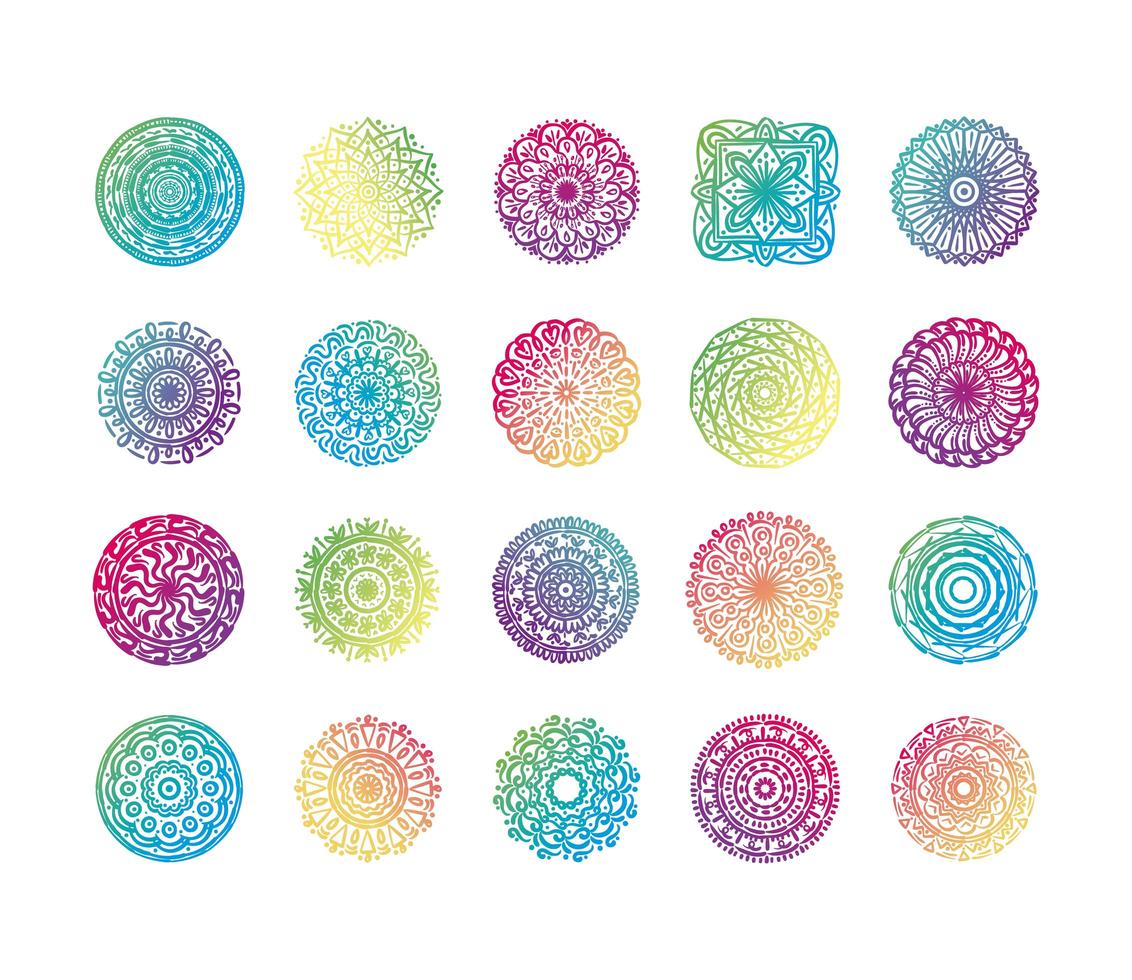 bundel van kleurrijke twintig mandala's set pictogrammen vector
