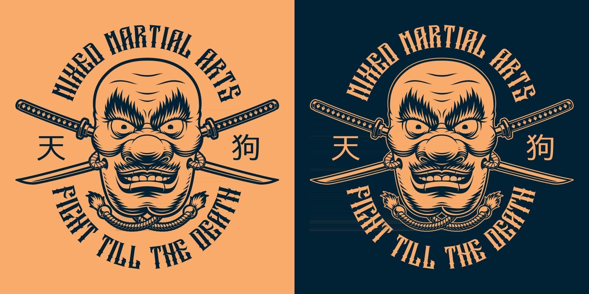 zwart en oranje t-shirtontwerp van een Japans tengu-masker vector