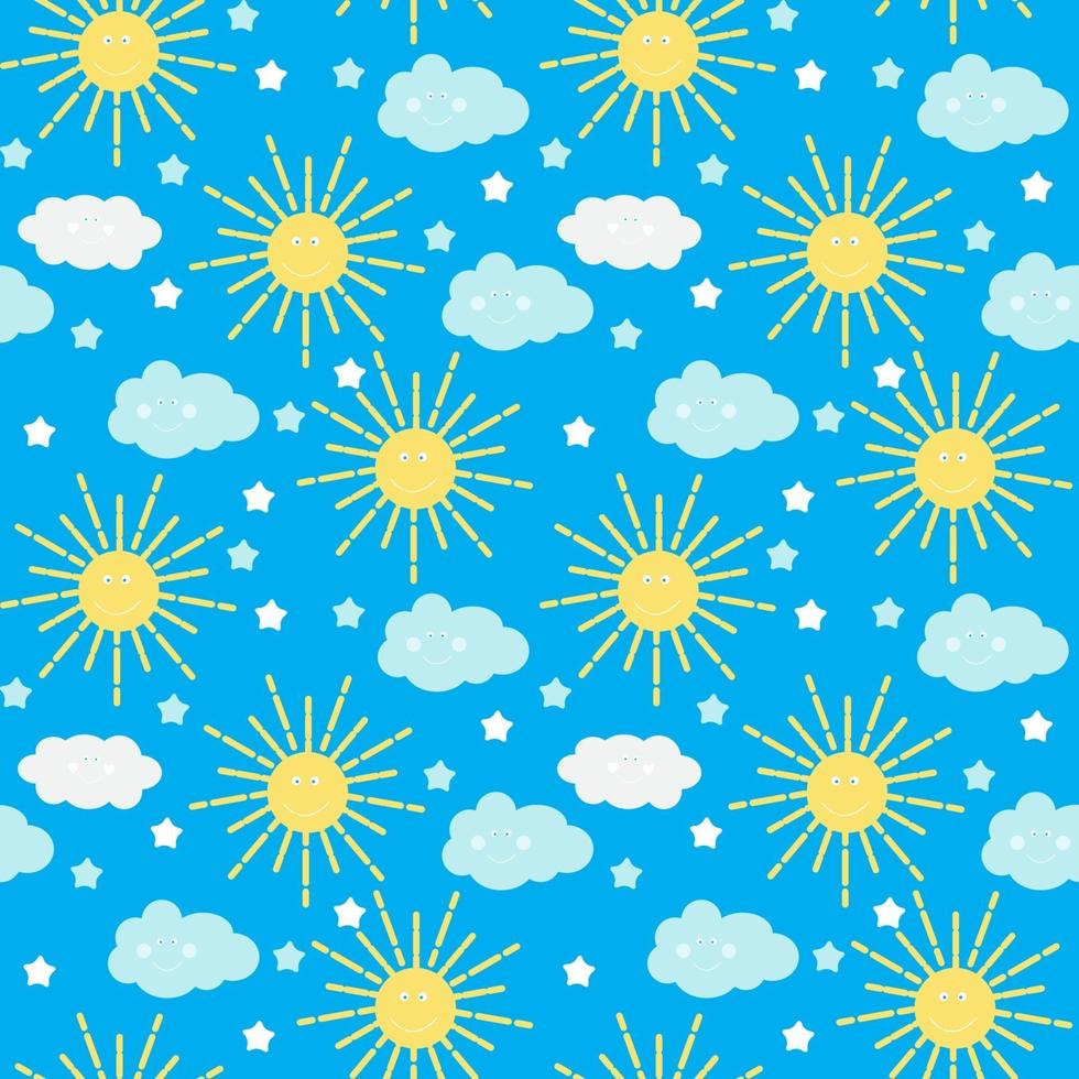 naadloze patroonachtergrond voor kinderen met zon, wolken en sterren vector