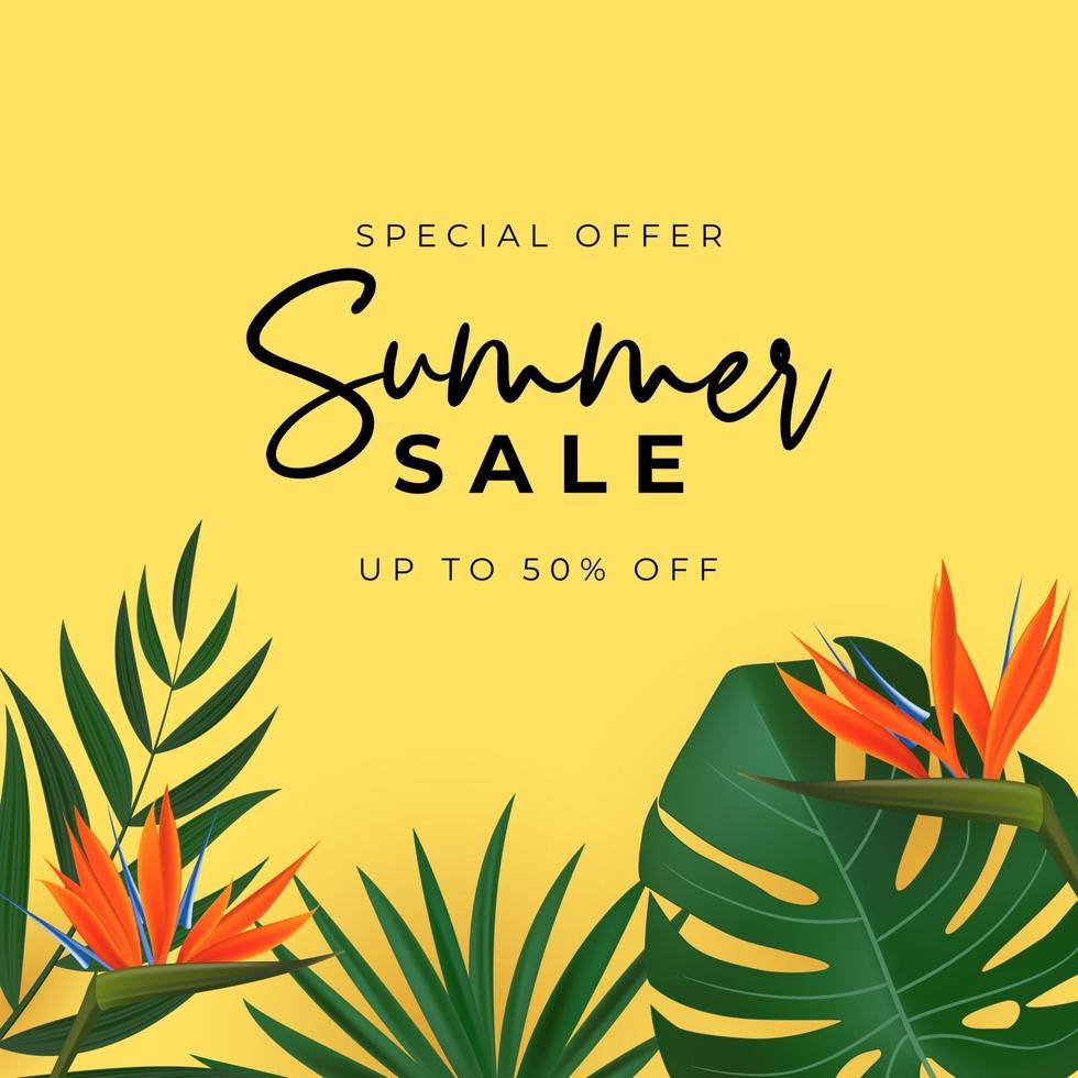zomer verkoop poster. natuurlijke achtergrond met tropische palmbladeren. vector