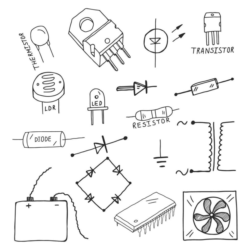 reeks van details van micro-elektronica circuits. vector zwart en wit illustratie