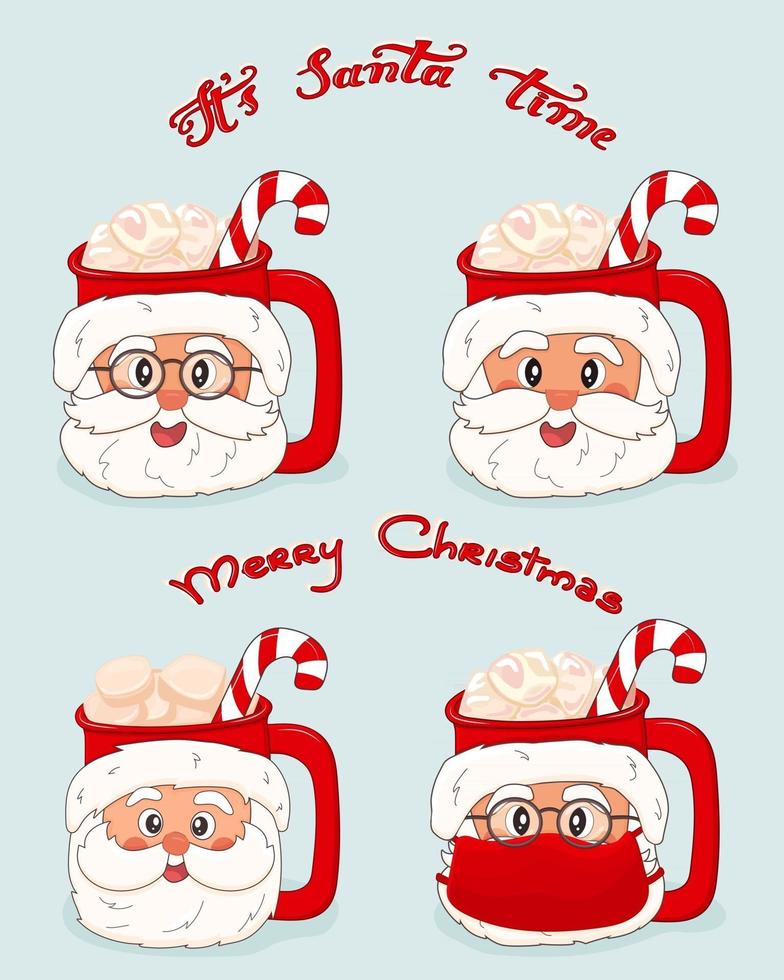 set kopjes met gezichten van de kerstman in glazen en masker van virus met marshmallows en roodwitte lolly zijn kersttijd en merry christmas-letters vector