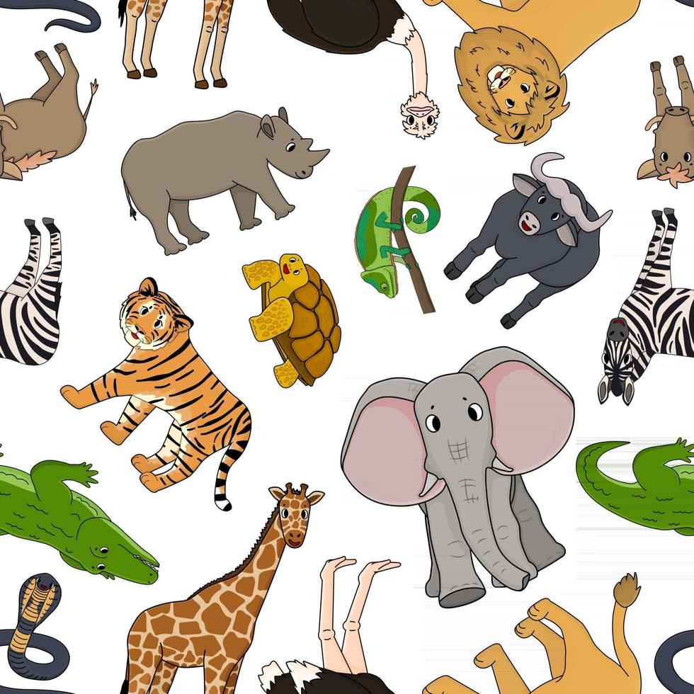 naadloze patroon van vector cartoon overzicht savanne dieren tijger leeuw neushoorn gemeenschappelijk wrattenzwijn Afrikaanse buffel schildpad kameleon zebra struisvogel olifant giraffe krokodil cobra voor kinderen