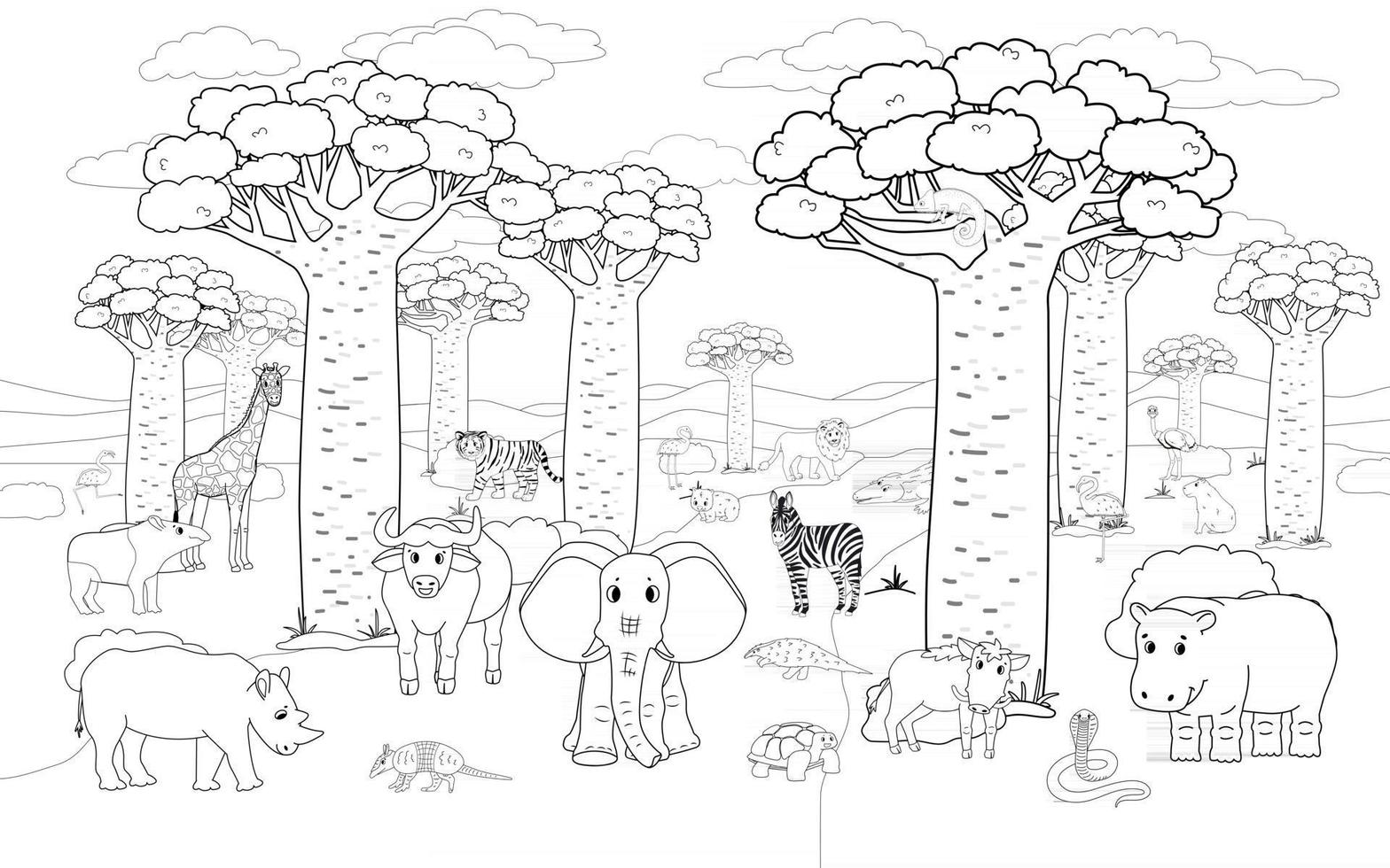 zwart wit afrikaanse madagascar baobab avenue met dieren vector schets doodle cartoon handgetekende landschap met tijger leeuw neushoorn olifant giraffe krokodil kameleon zebra voor kleurboek