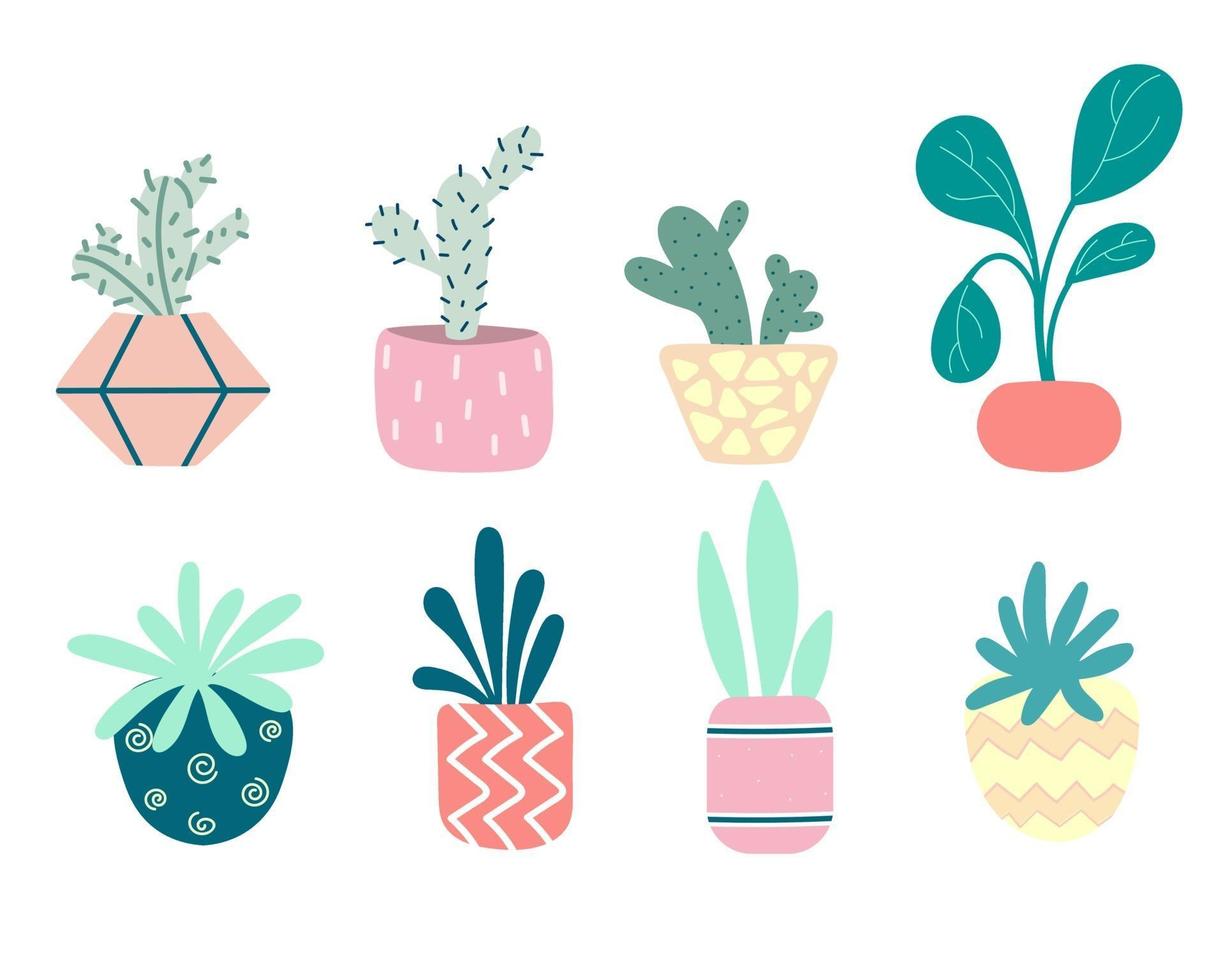 verzameling huiskamerplanten in potten. cactussen, rubberplanten, rozen, bonsai. set van decoratieve bloemen. tuinieren. kleurrijke bloempotten geïsoleerd op een witte achtergrond. platte vectorillustratie vector
