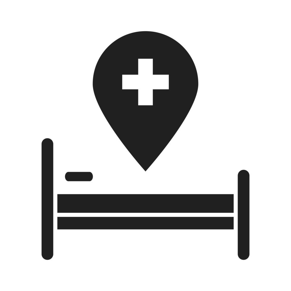 bed locatie aanwijzer gezondheidszorg medisch en ziekenhuis pictogram silhouet stijlicoon vector