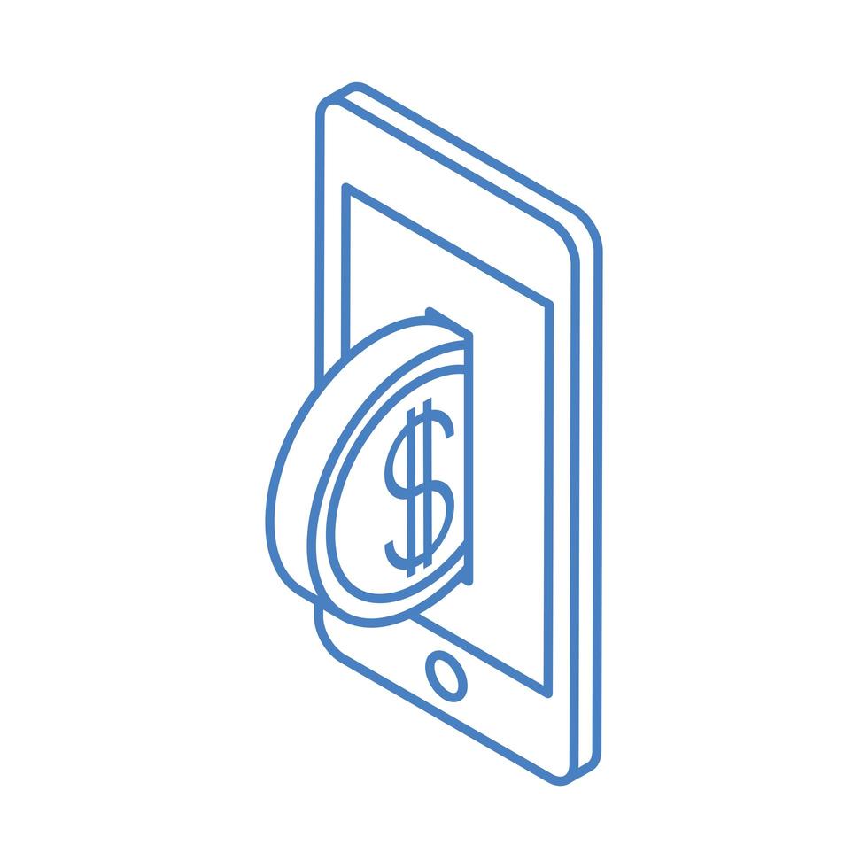 isometrisch geld contant geld valuta smartphone munt geïsoleerd op een witte achtergrond lineaire blauwe icon vector
