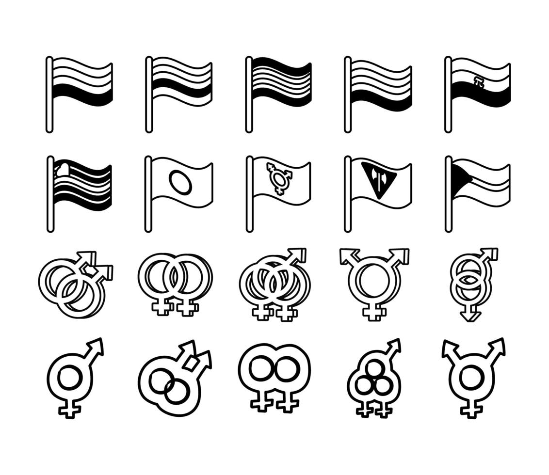 bundel geslachtssymbolen van seksuele geaardheid en vlaggenlijnstijlpictogrammen vector