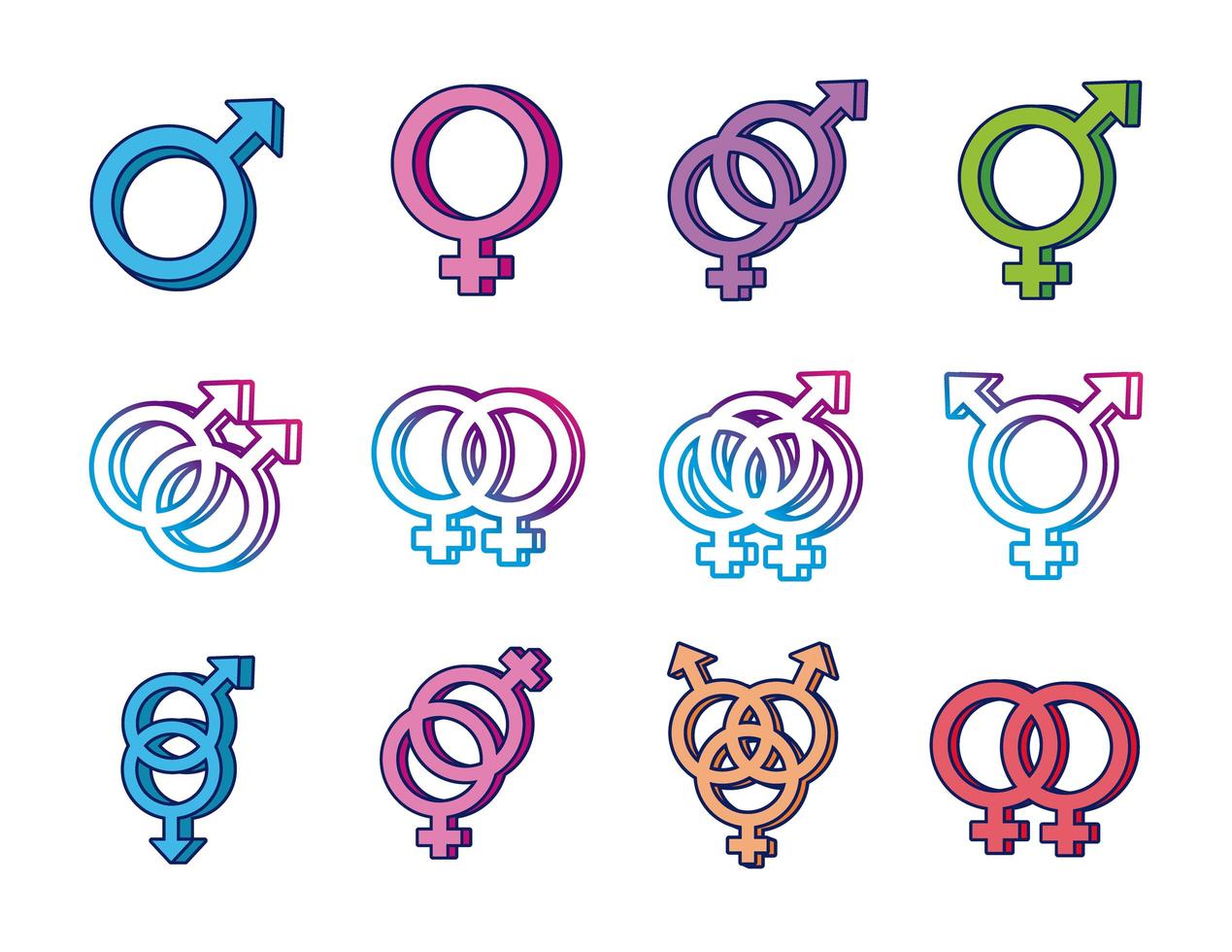 bundel van gendersymbolen van seksuele geaardheid multi-stijliconen vector