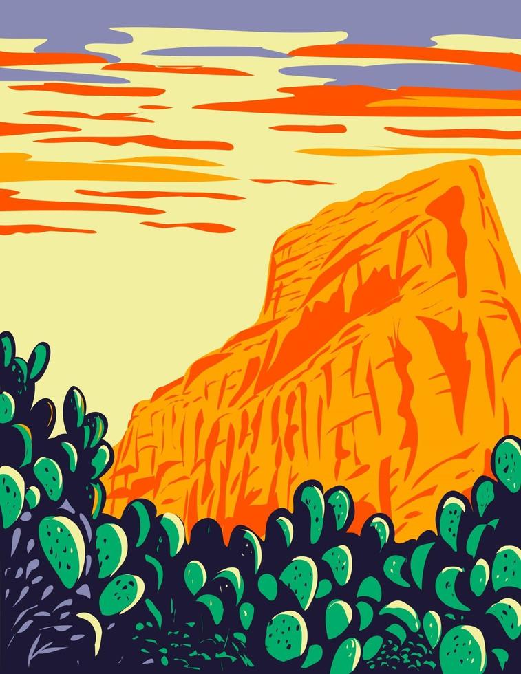 cactusvijgcactus met rode butte in de bergen van tucson gelegen in het saguaro nationaal park in arizona wpa poster art vector